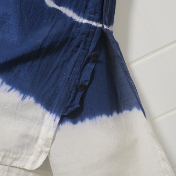 ATHLETA TIE DYE STRIPE KAFTAN SHIRT coverup blue white button silk beach LARGE - Picture 9 of 13